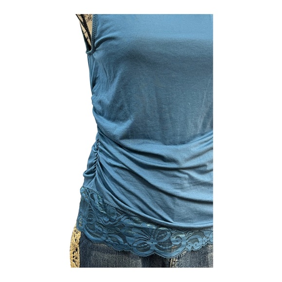 KENNETH COLE NY Vintage Teal sleeveless Turtleneck lace ruched knit top L - Picture 13 of 16